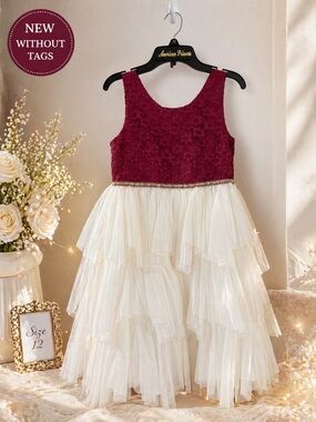 American Princess Burgundy Lace Ivory Tulle Dress w/ Back Tie Girls 12 NWOT